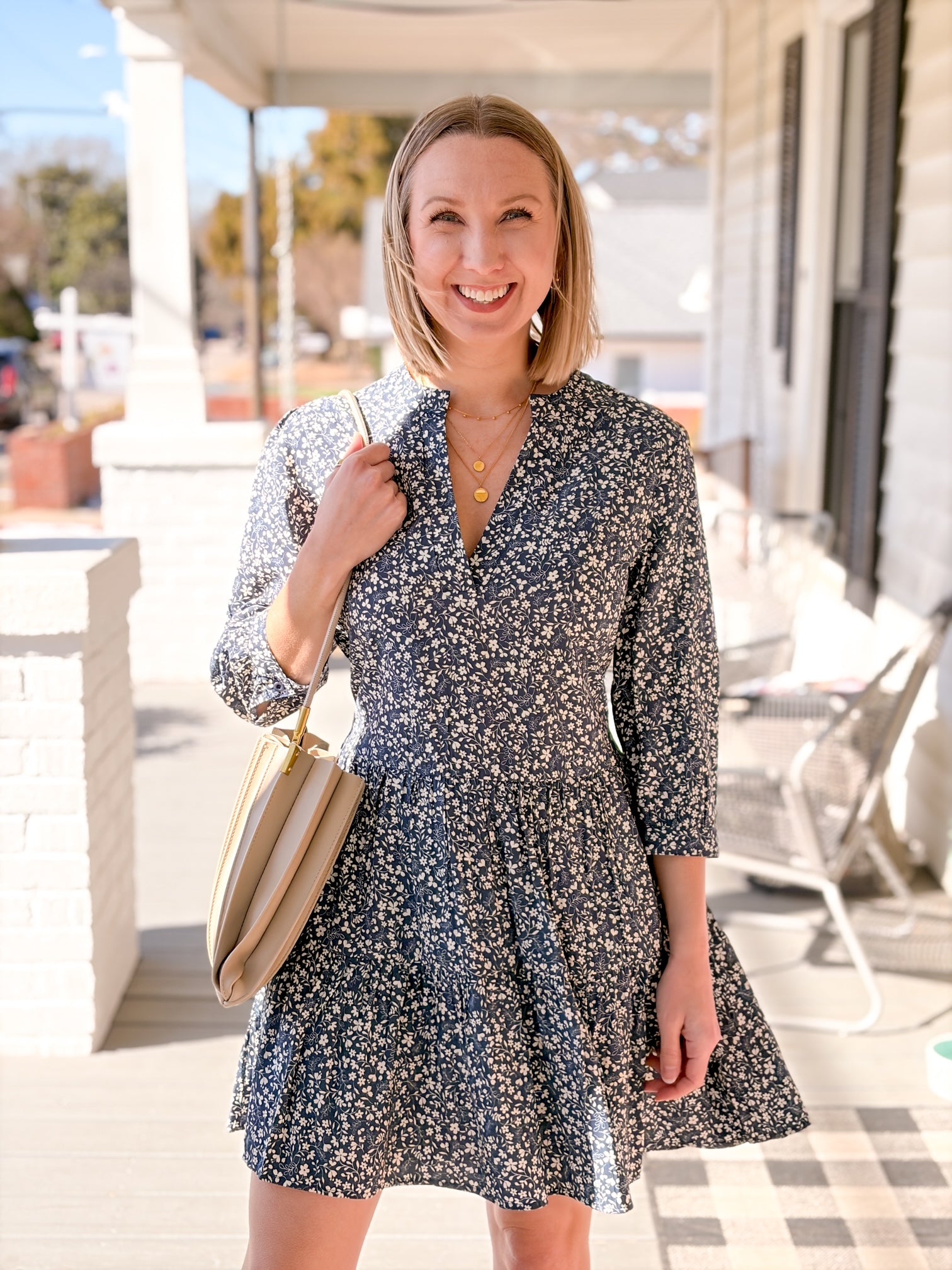 floral mini dress with 3/4 length sleeves