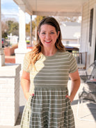 short sleeve olive midi length dress with white stripes