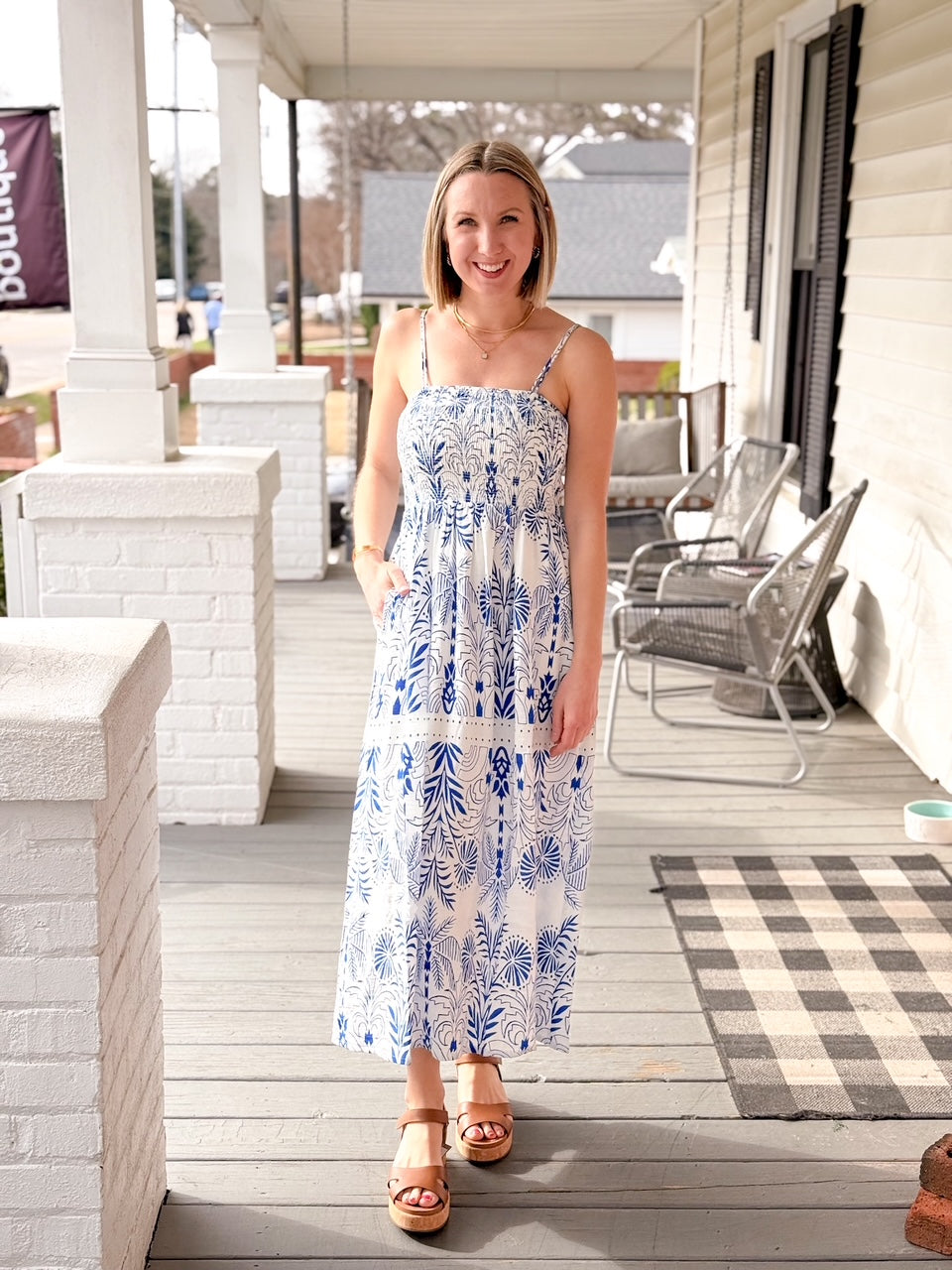 blue and white patterned dress, midi length, spaghetti straps