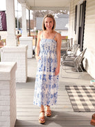 blue and white patterned dress, midi length, spaghetti straps