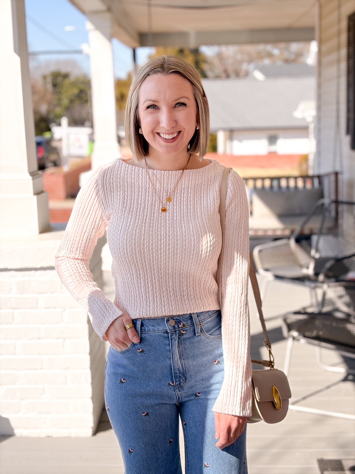 long sleeve white pink top with boat neckline