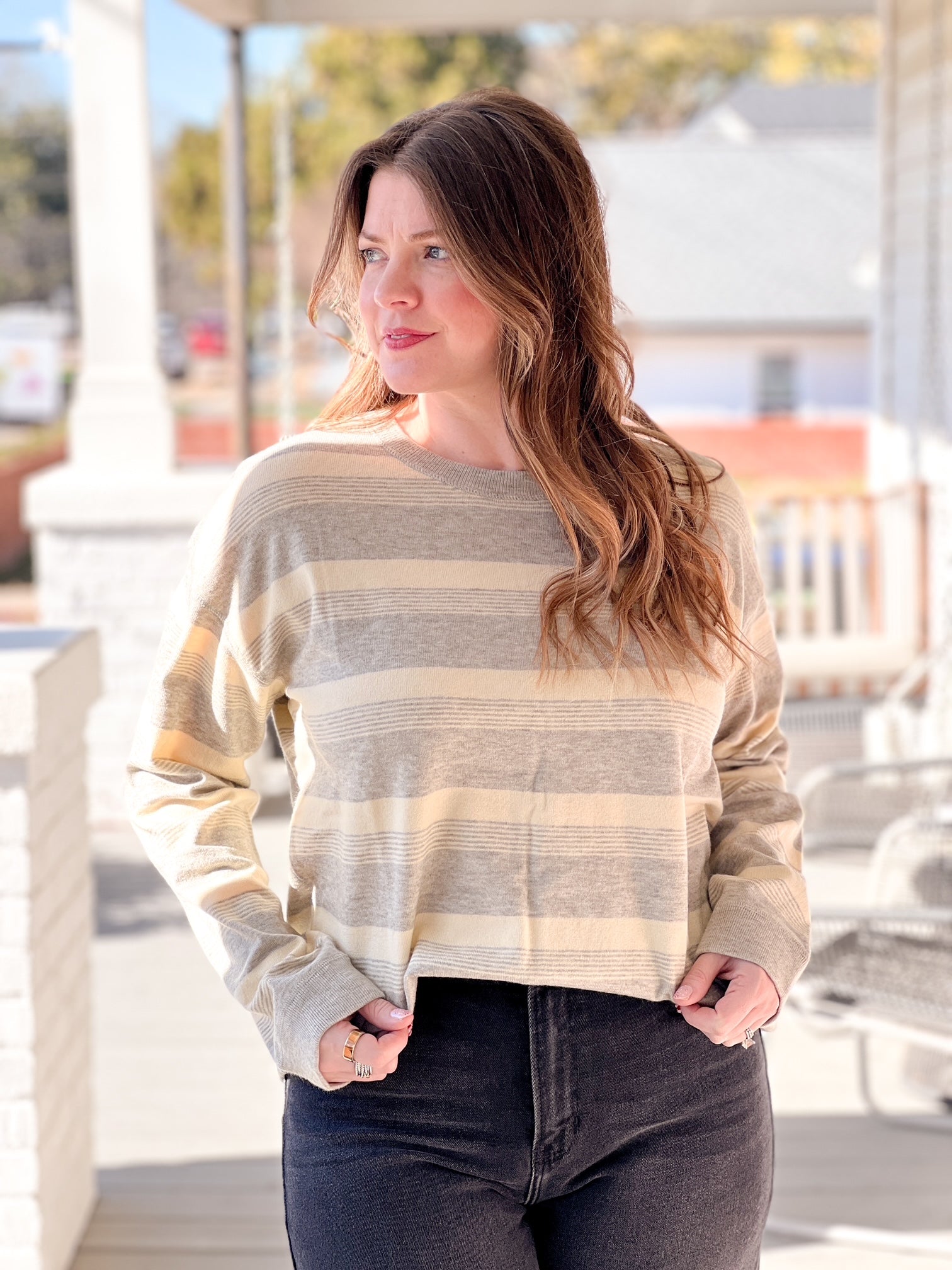 Grey/Buttercream Striped Long Sleeve Lightweight Sweater