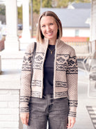 brown cardigan with black detailing, zip front