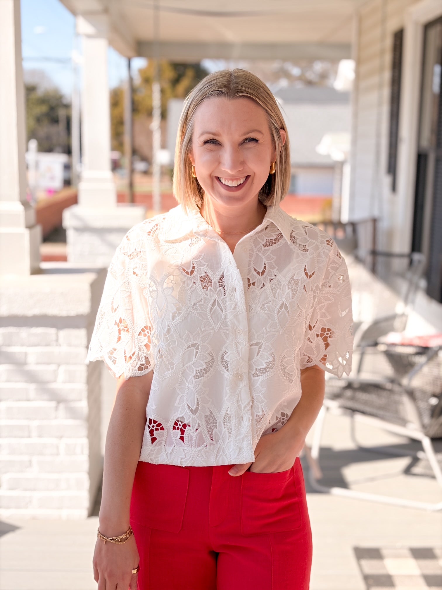 White Lace Embroidered Short Sleeve Top
