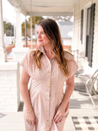 rust and white stripe dress, cinched waist