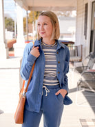 blue and white stripe short sleeve top