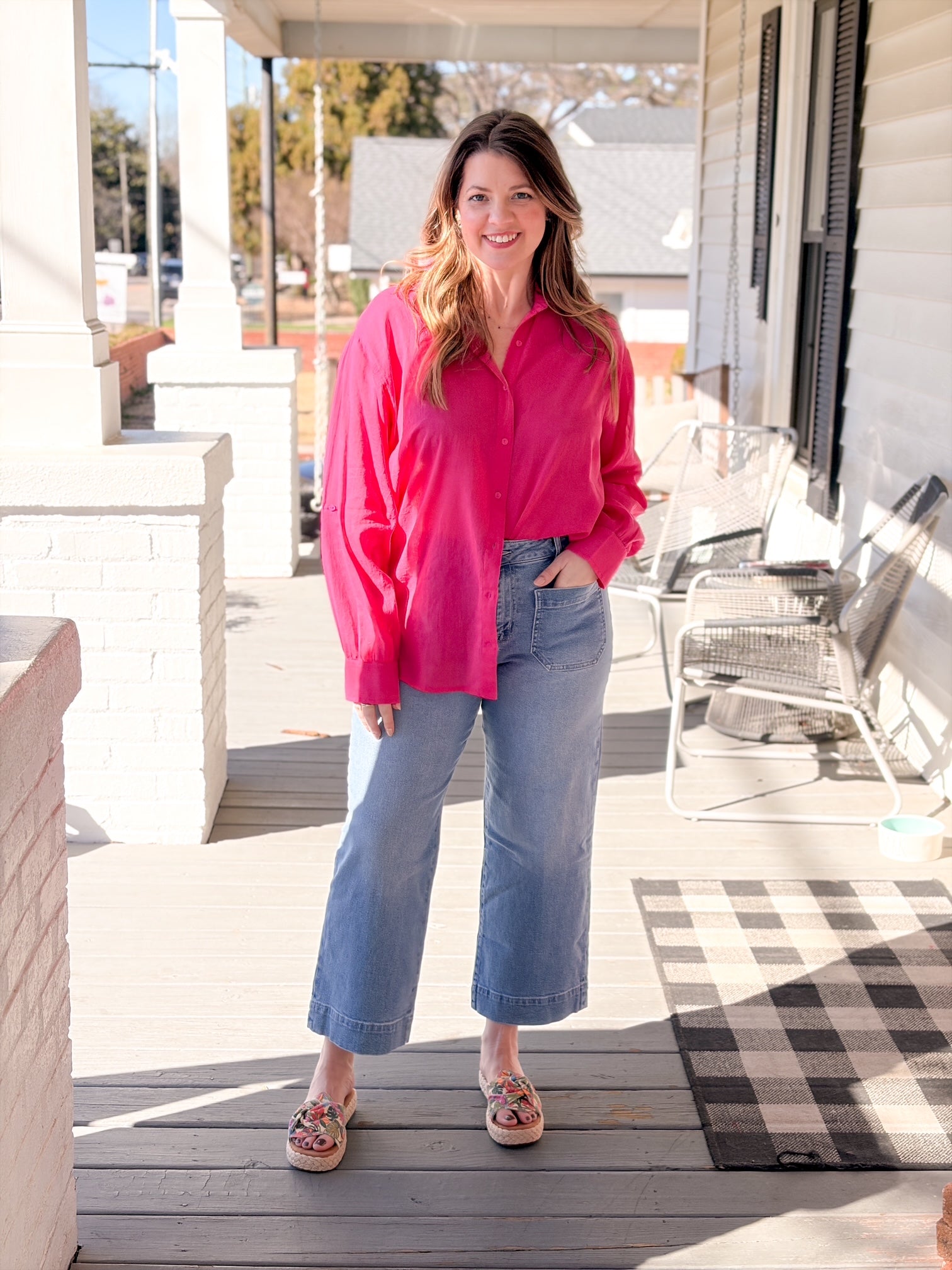Hot Pink Lightweight Top with Gold Writing on the Back