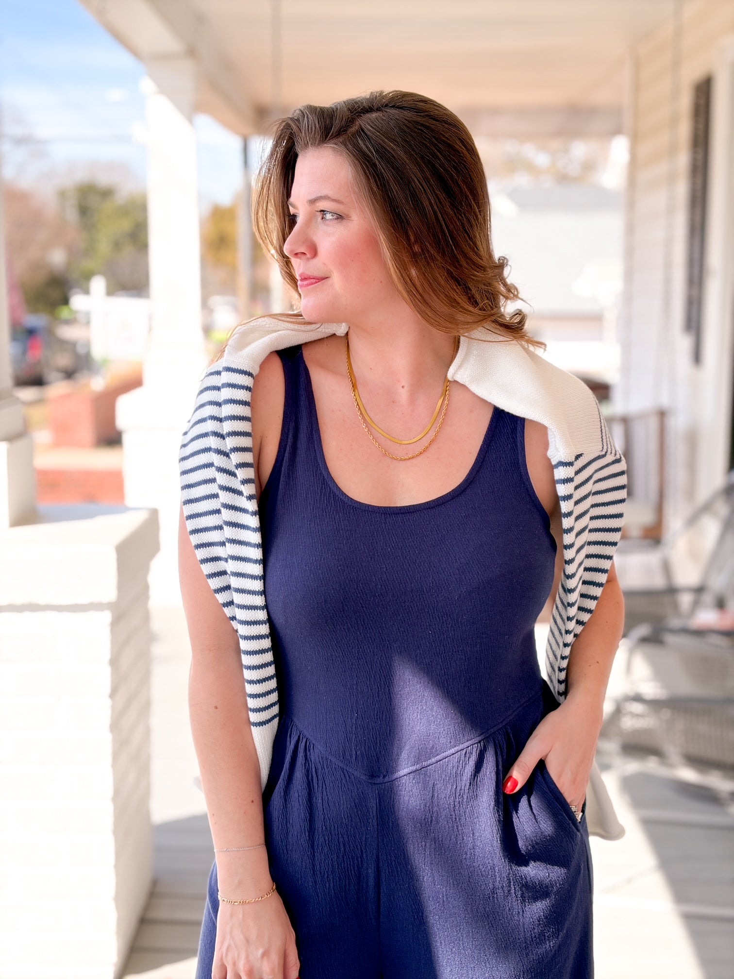 navy jumpsuit, wide leg, sleeveless