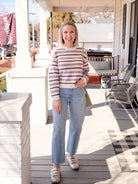 purple and green and ivory stripe long sleeve sweater