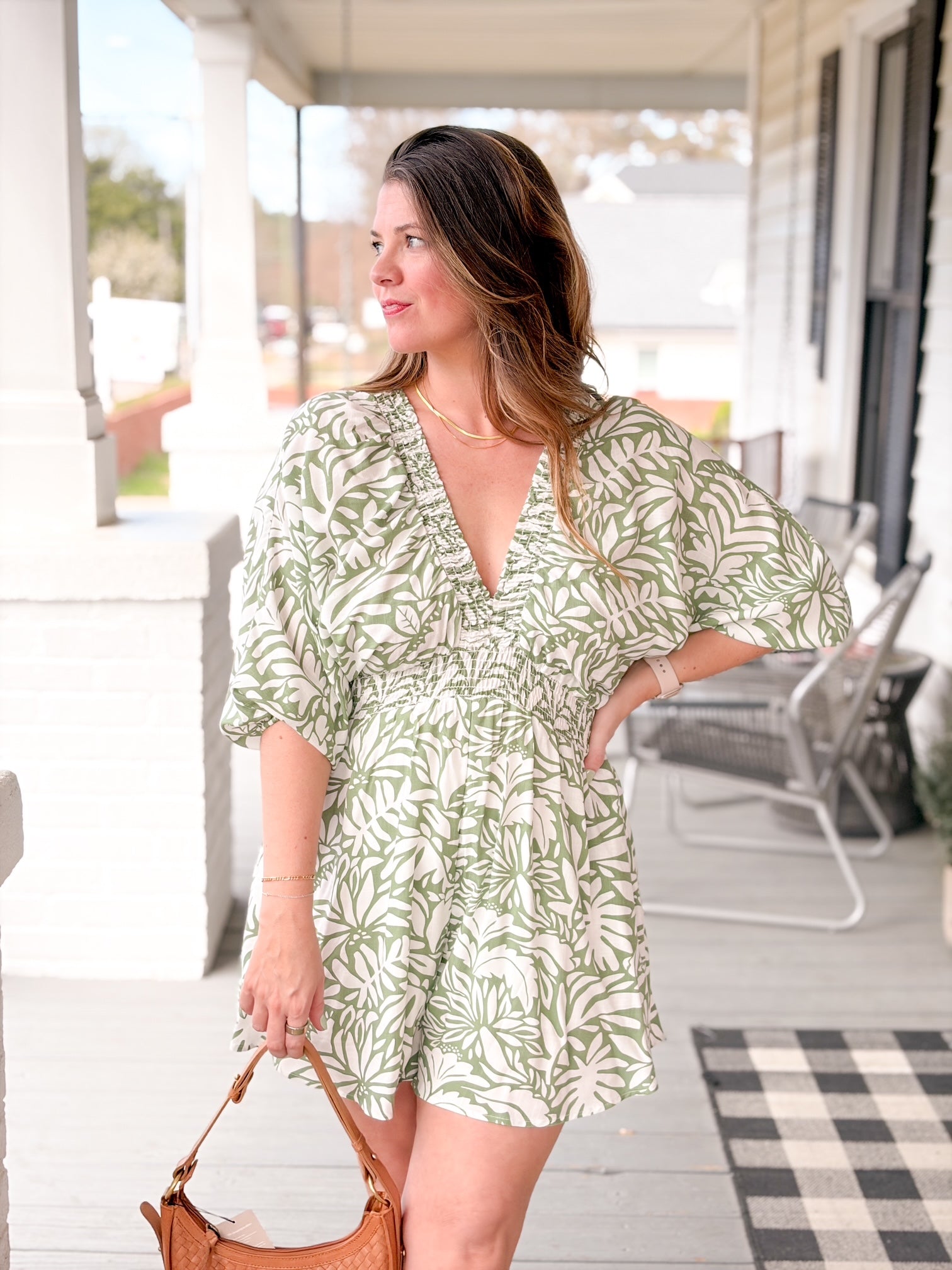 Forest/White Leaf 3/4 Sleeve Romper