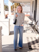 White/Black Striped Button Front Top