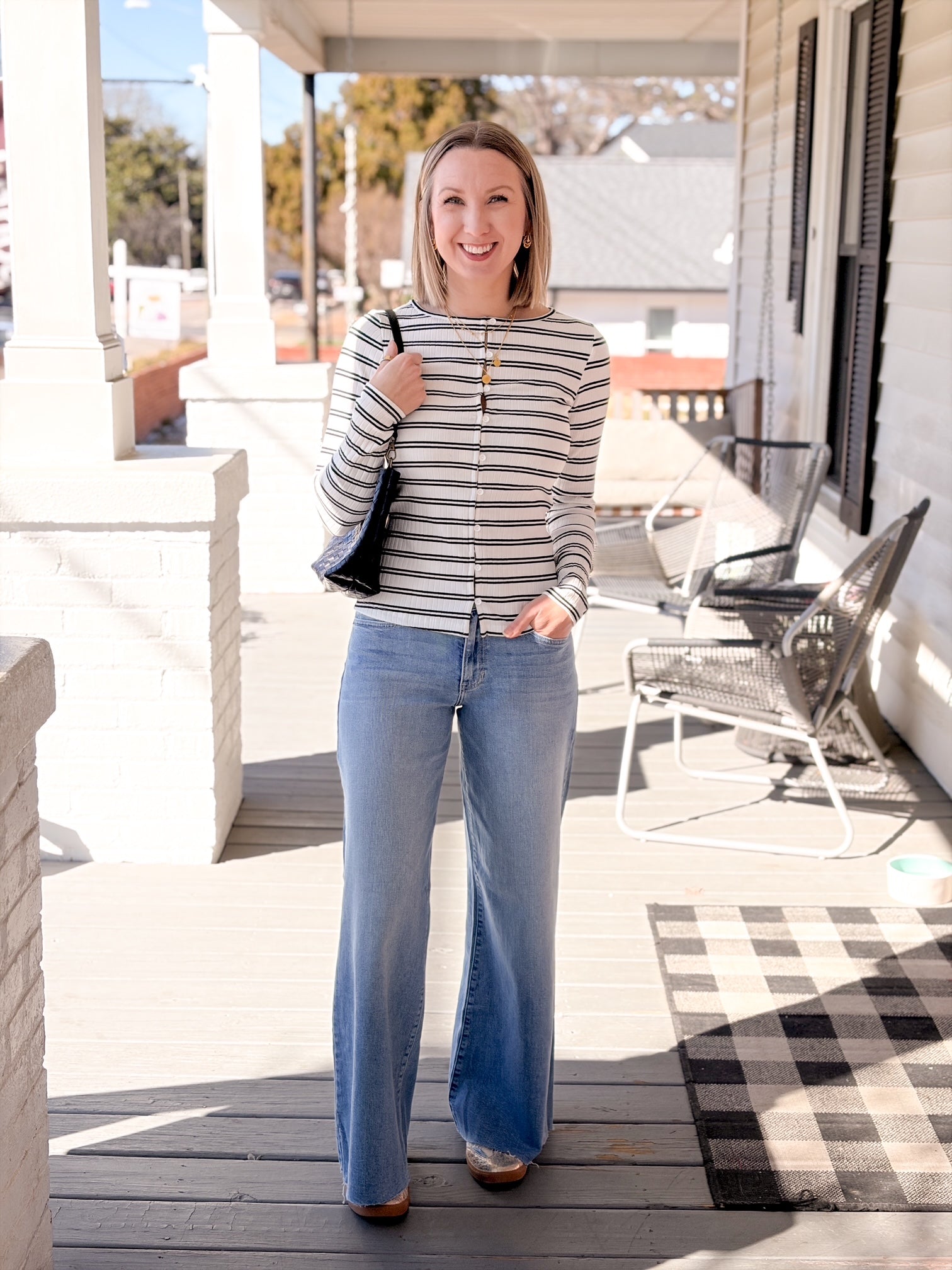 White/Black Striped Button Front Top