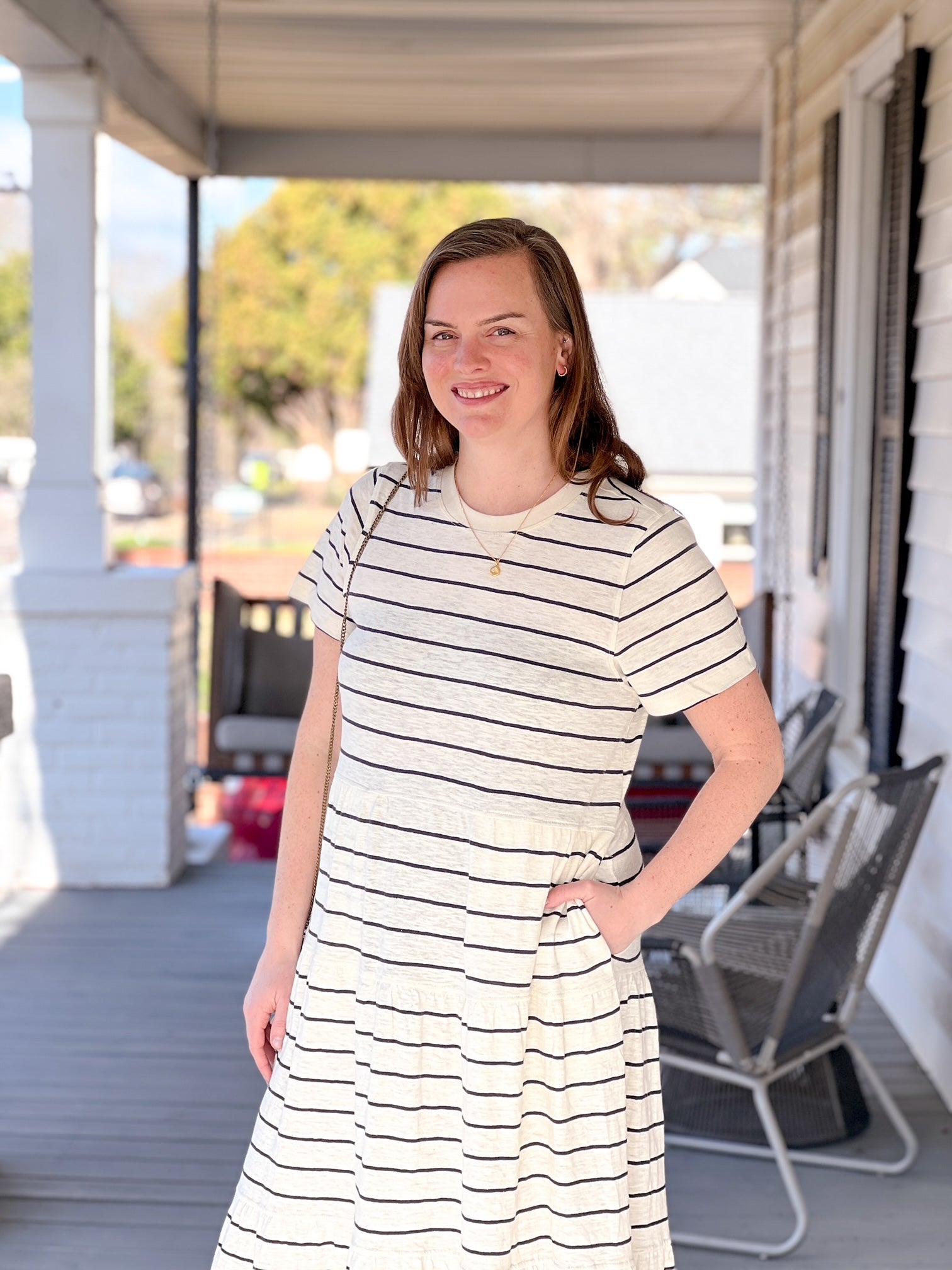White and Black Striped Short Sleeve Dress