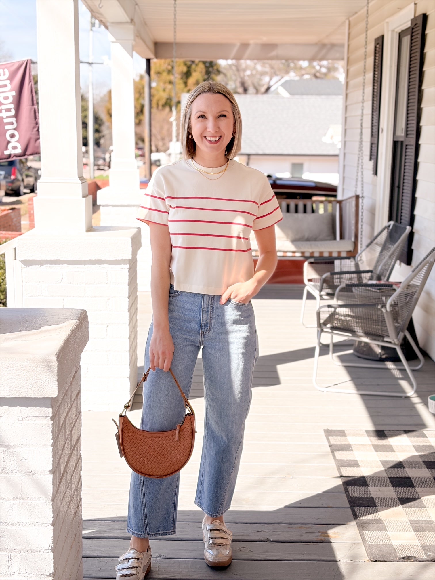 ivory short sleeve shirt with red stripes
