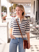 ivory short sleeve sweater with navy stripes