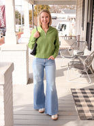 Green Open Knit Quarter Zip Sweater