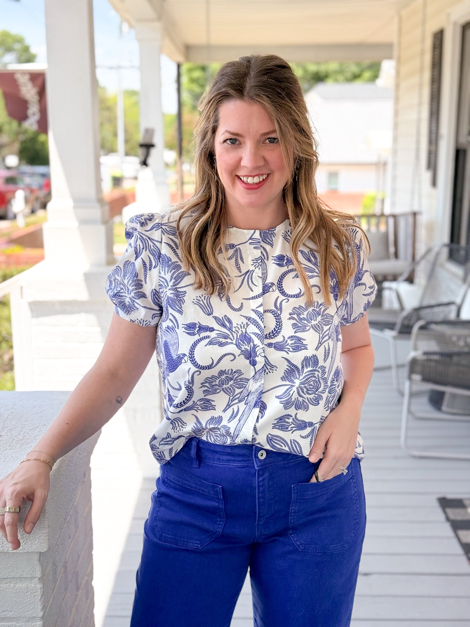 Rose & Lee Co Hiller Top, White/Navy Work Tops