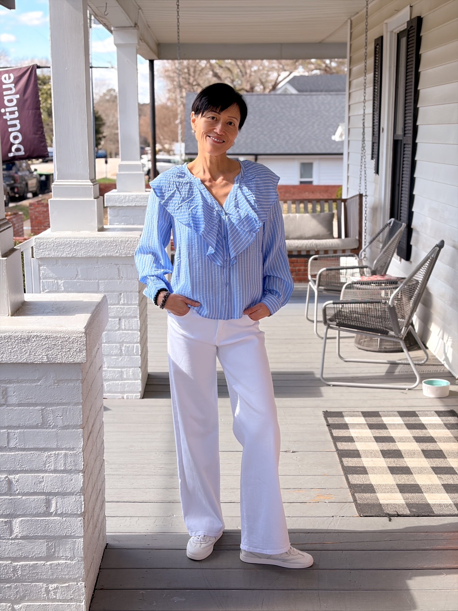 blue and white stripe long sleeve top with ruffle collar