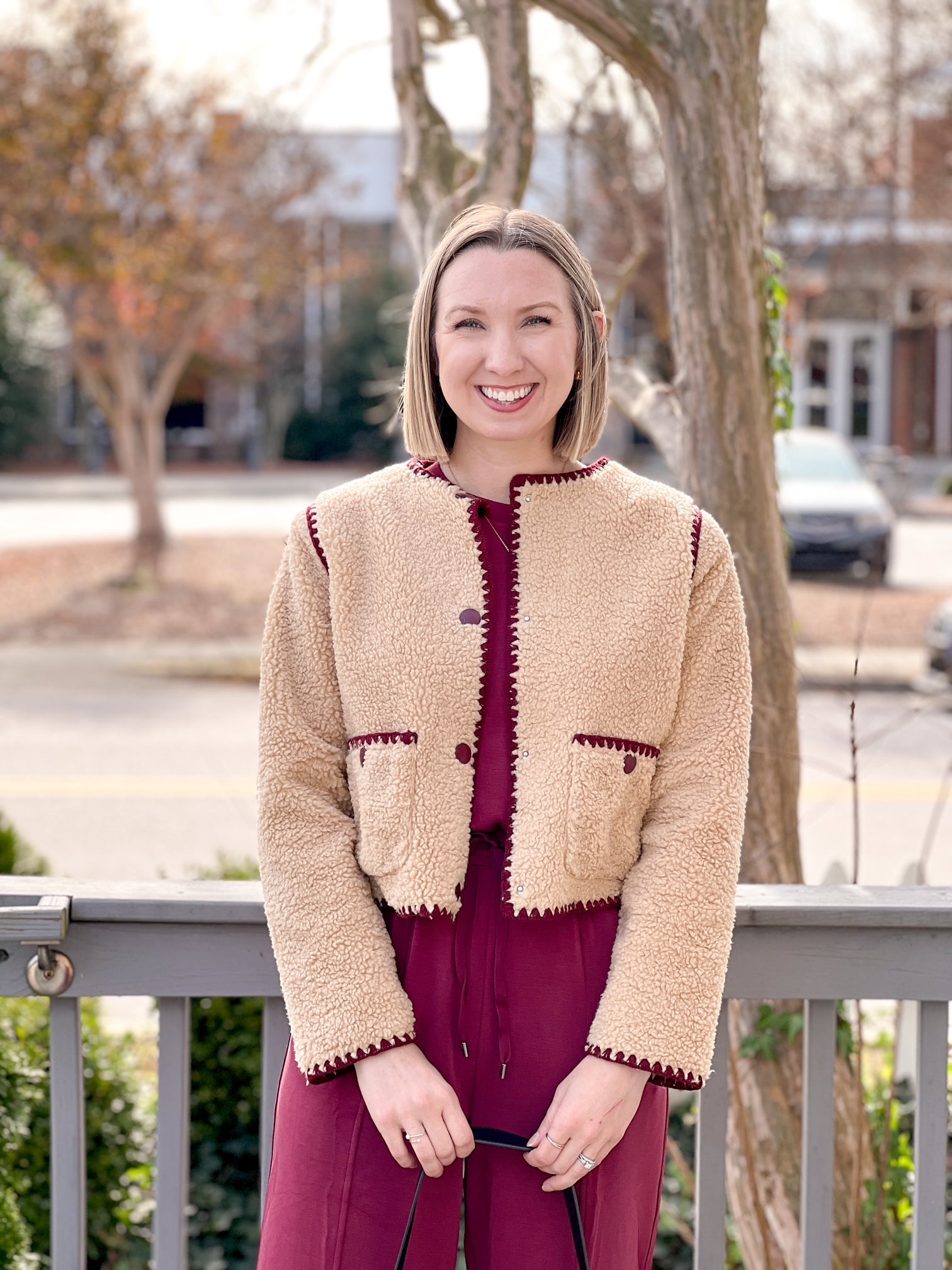 Beige Sherpa Jacket with Burgundy Detailing