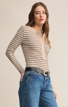 Light Oatmeal Heather Striped Henley Long Sleeve Top