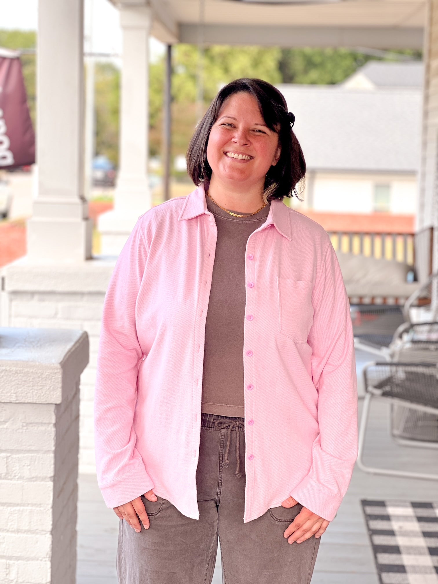 mauve heather button up long sleeve top