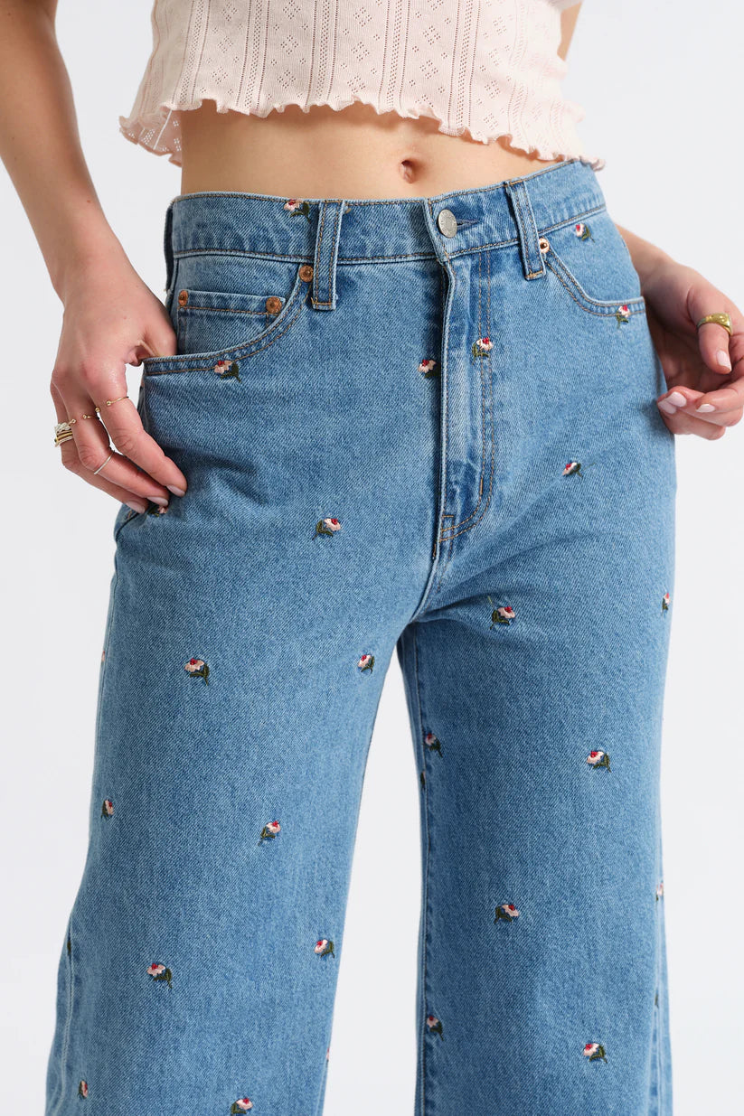 Embroidered Floral High Rise Wide Leg Jeans