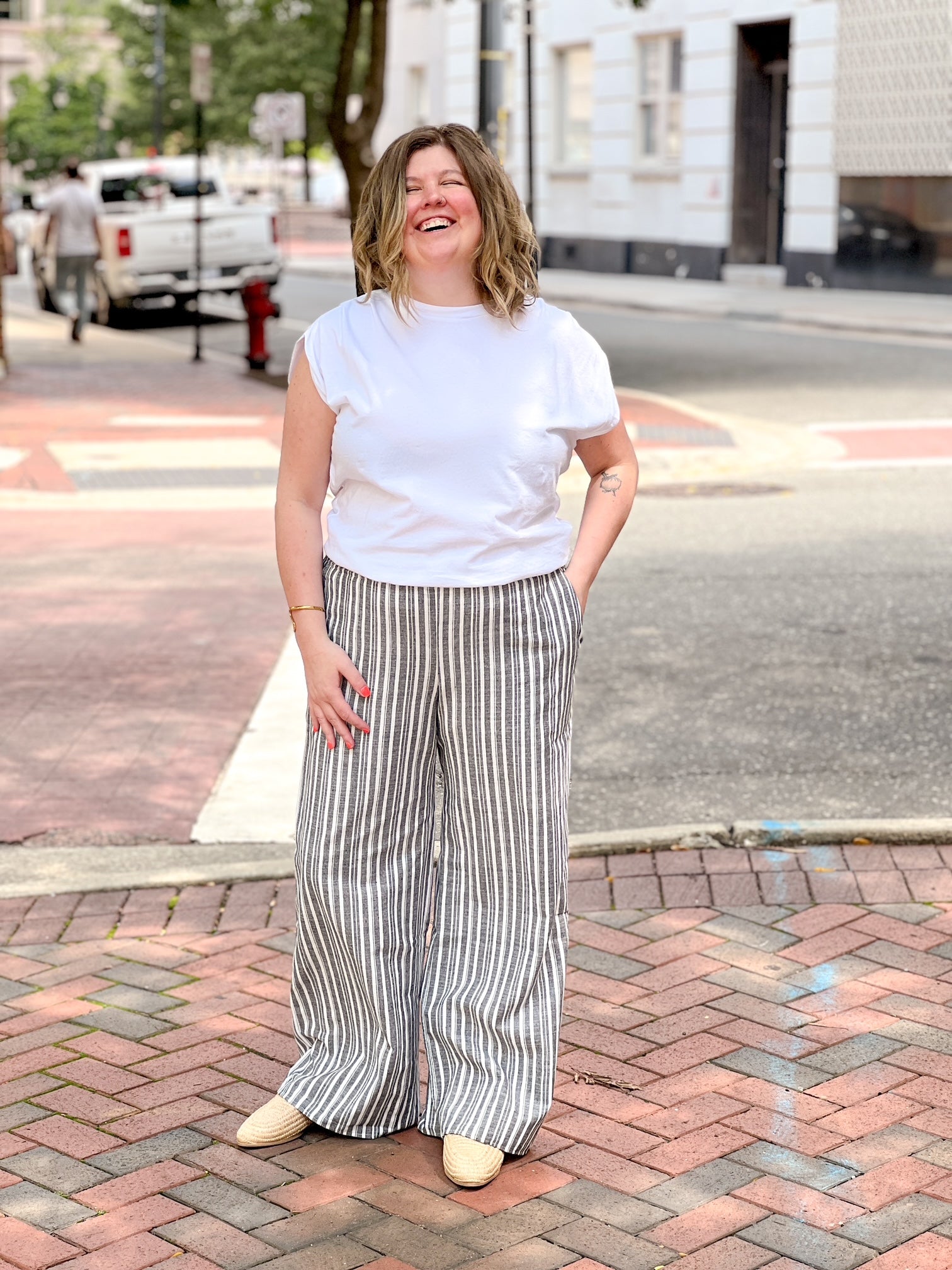black and white stripe wide leg pants with elastic waist