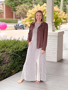 Striped Brown and White Elastic Wide Leg Pants
