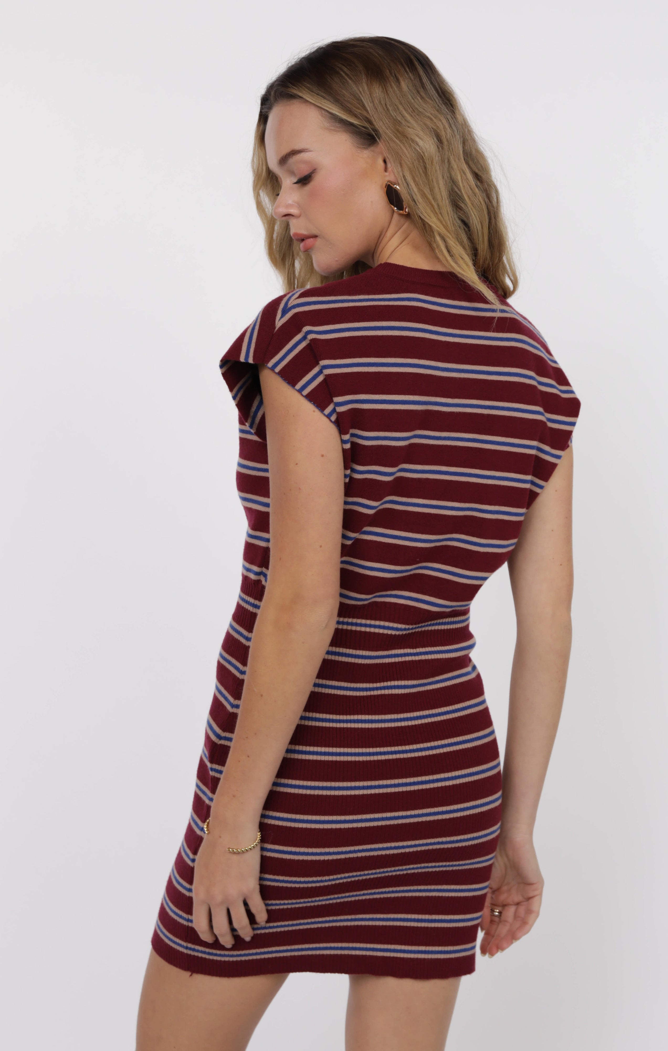 wine colored dress with stripes, fitted, crew neckline