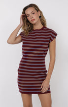 wine colored dress with stripes, fitted, crew neckline