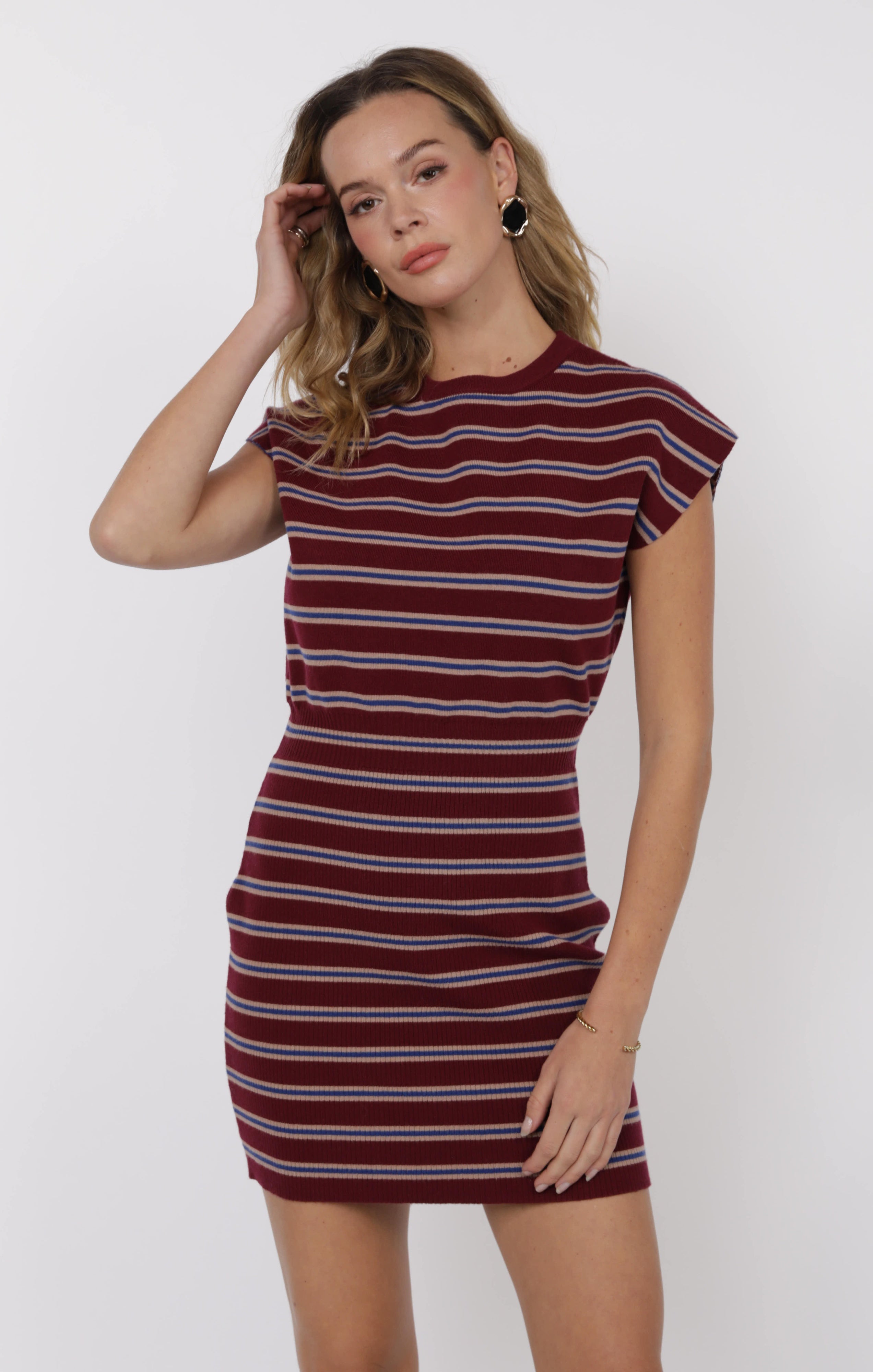 wine colored dress with stripes, fitted, crew neckline