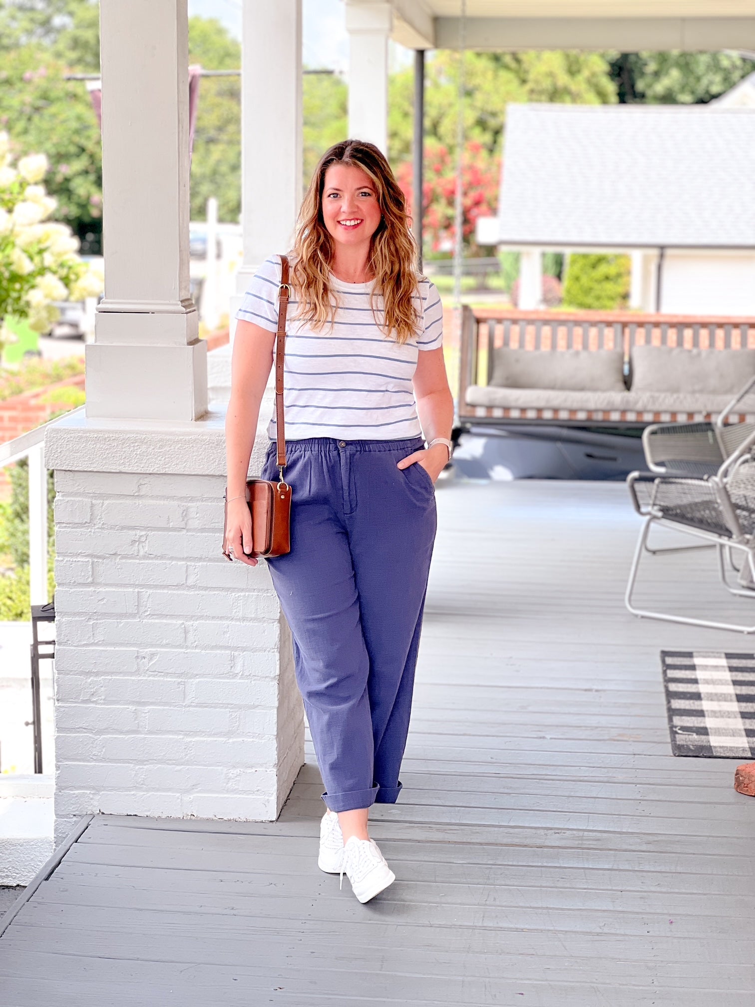 short sleeve crew neckline tee thats white with small light blue stripes