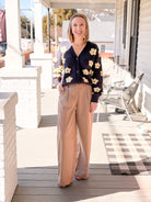 Blue Floral Button Front Long Sleeve Cardigan