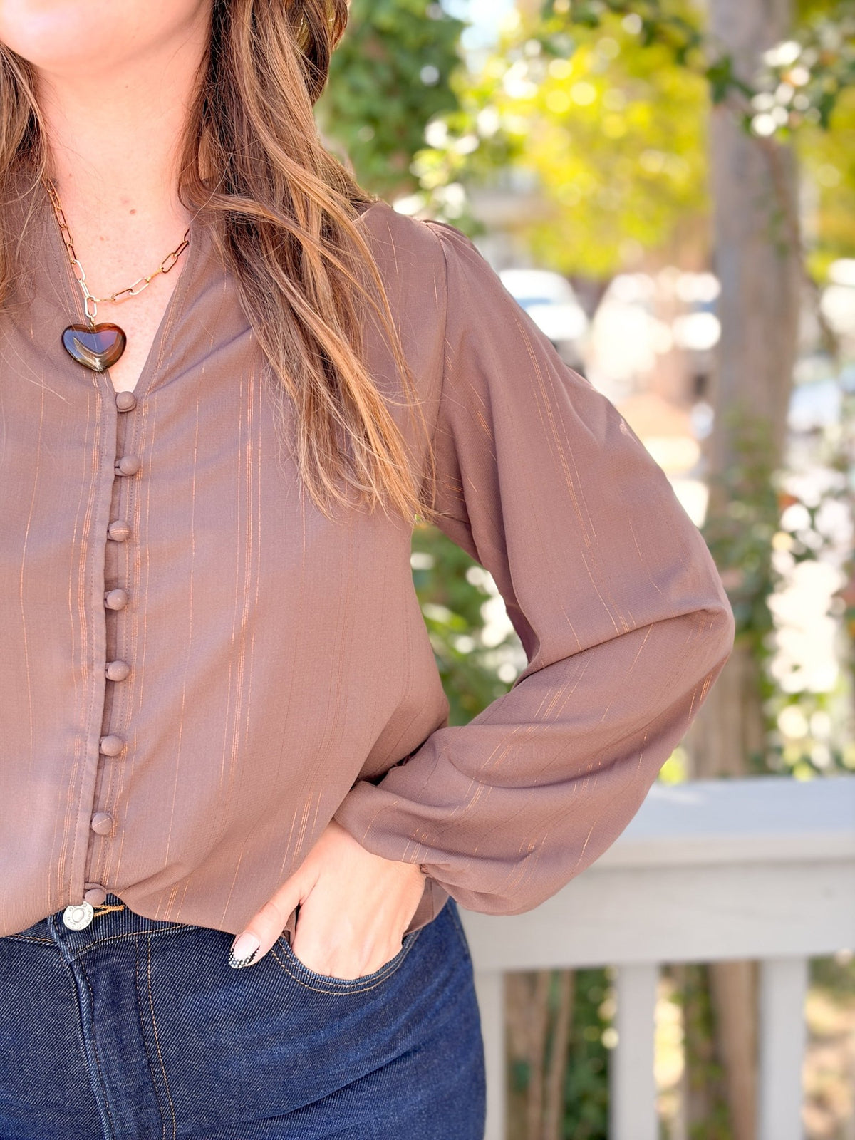 Rose & Lee Co Gabriella Top, Brown/Gold Work Tops