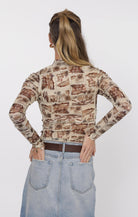 Brown Printed Long Sleeve Mesh Mock Neck Top