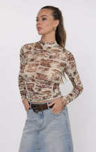 Brown Printed Long Sleeve Mesh Mock Neck Top