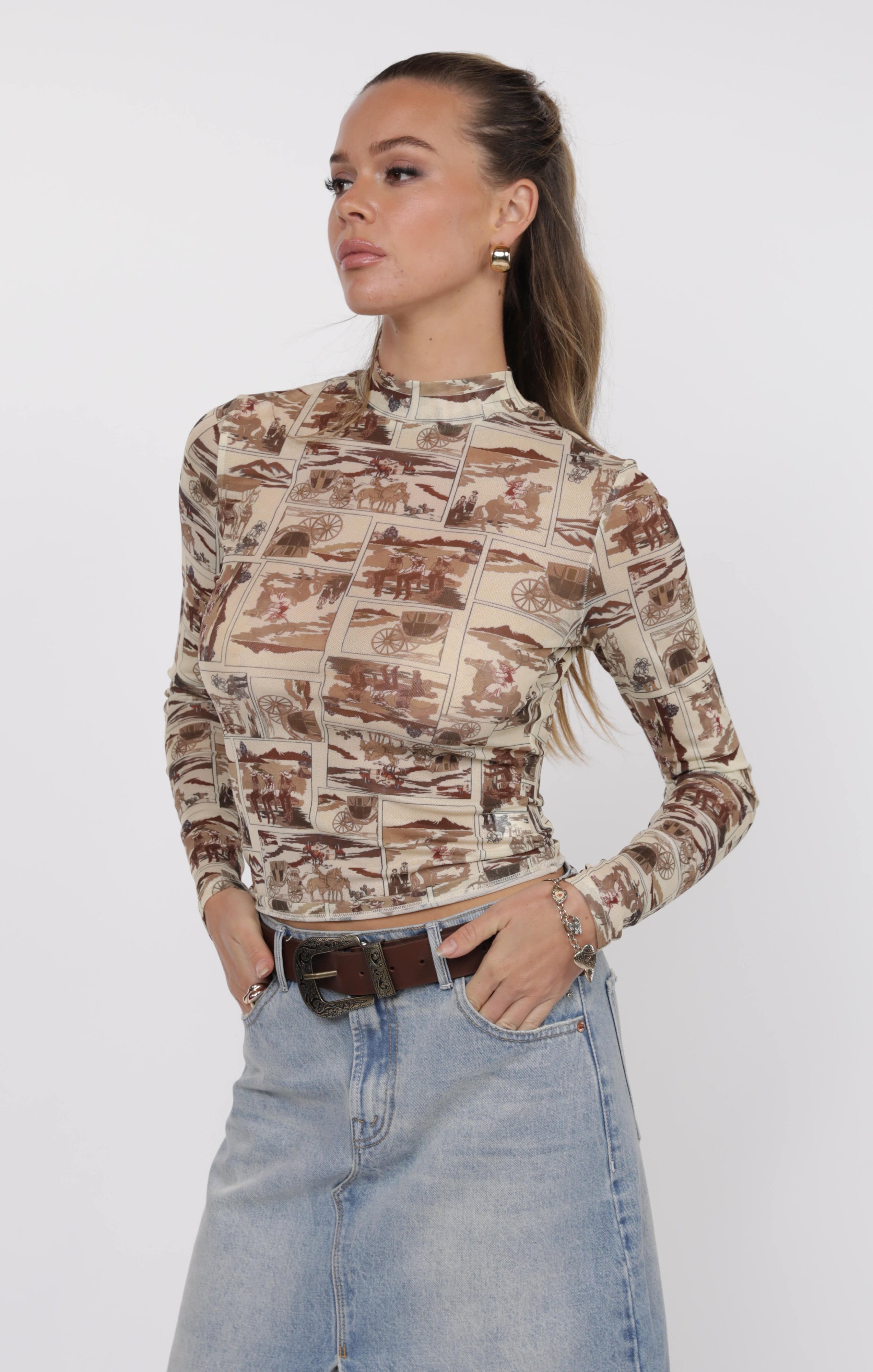 Brown Printed Long Sleeve Mesh Mock Neck Top