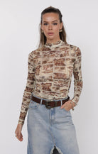 Brown Printed Long Sleeve Mesh Mock Neck Top