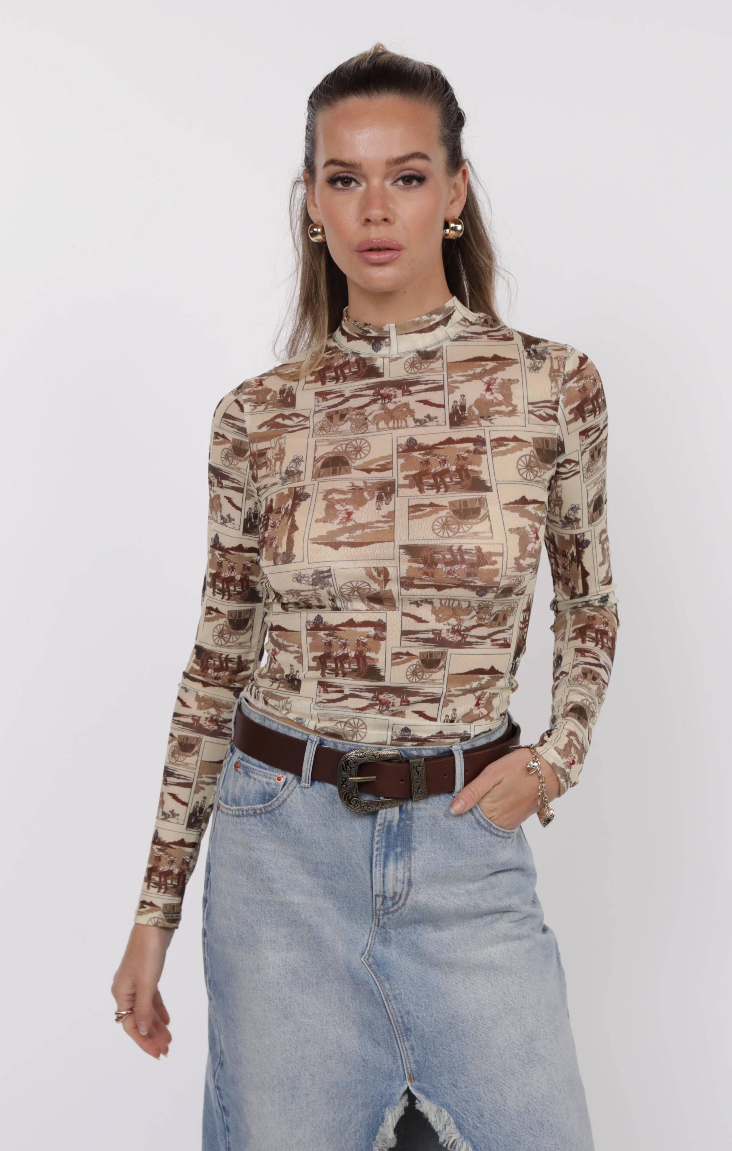 Brown Printed Long Sleeve Mesh Mock Neck Top