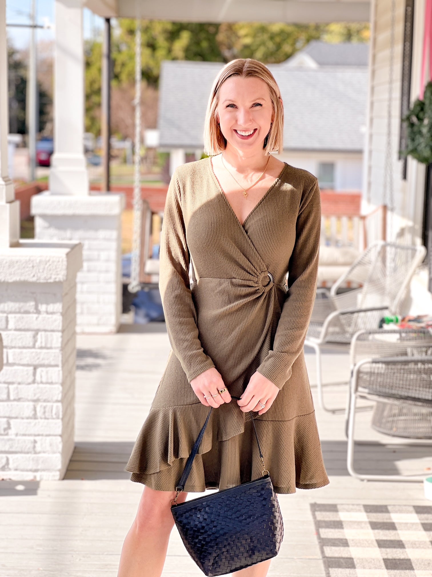 Ribbed Olive Green Mini Dress with O-Ring
