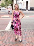 pink floral dress with spaghetti straps