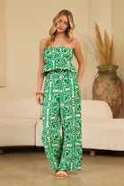 floral green strapless ruffle jumpsuit