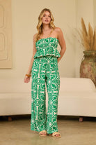 floral green strapless ruffle jumpsuit