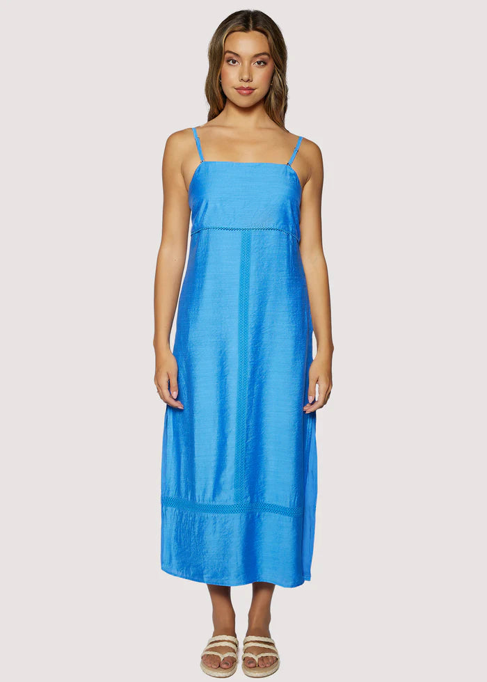 Blue Sleeveless Square Neck Midi Dress with Back Tie