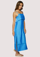 Blue Sleeveless Square Neck Midi Dress with Back Tie