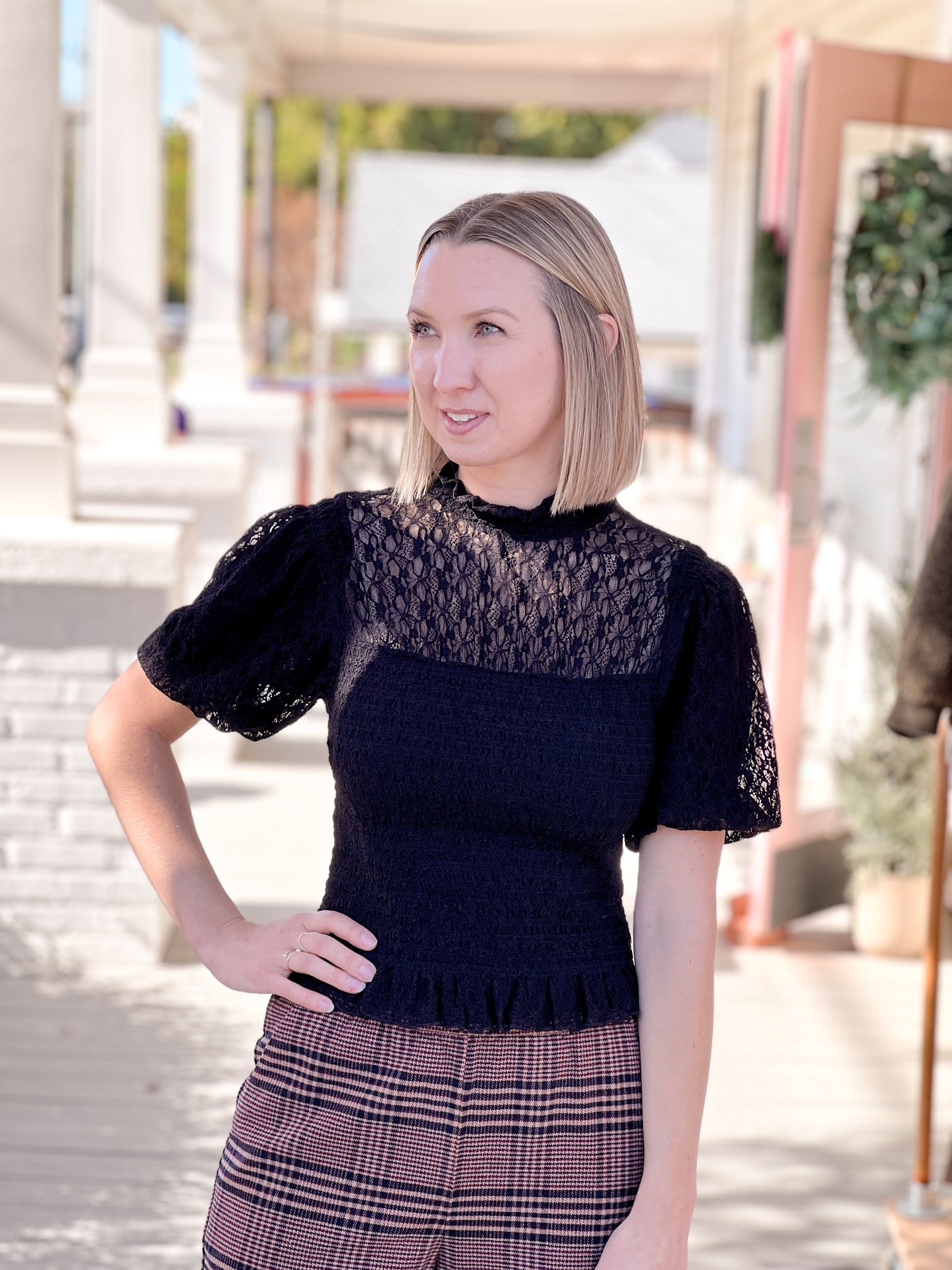 Black Lace Short Sleeve Blouse Top