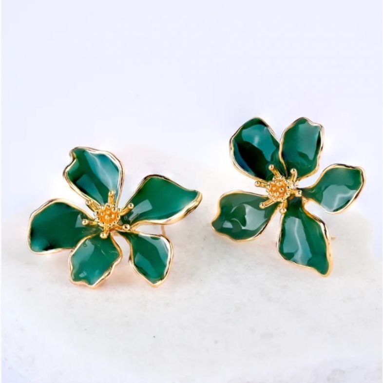 Rose & Lee Co Flower Earrings, Emerald & Gold Earrings