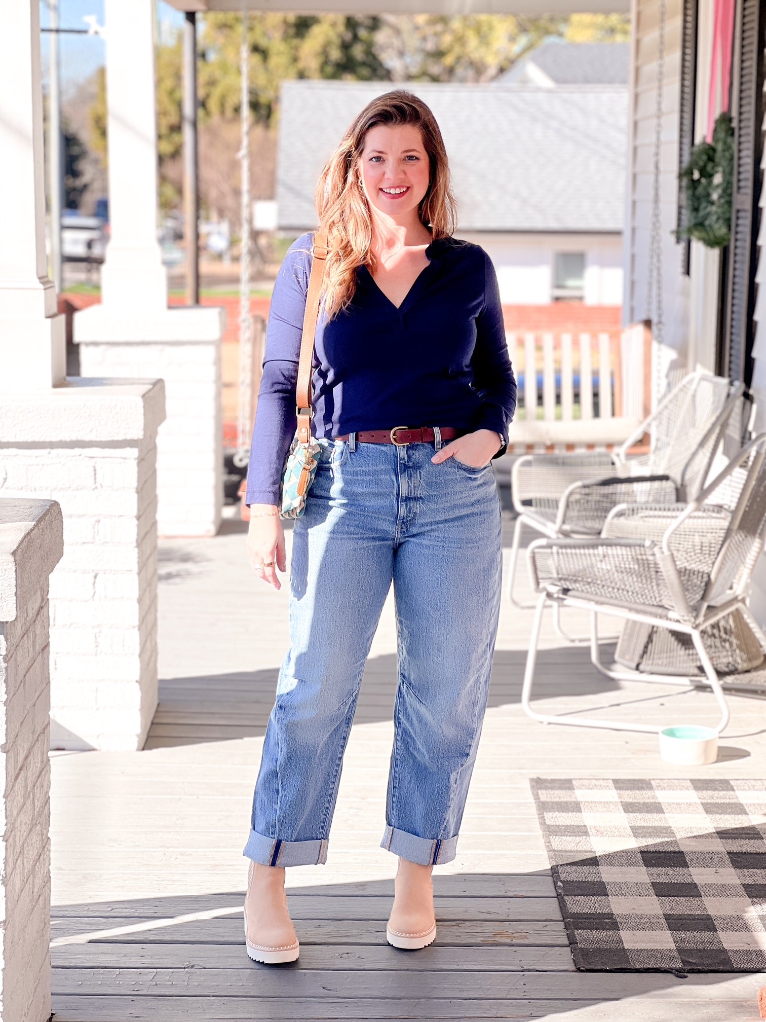 long sleeve navy blue top with v neckline