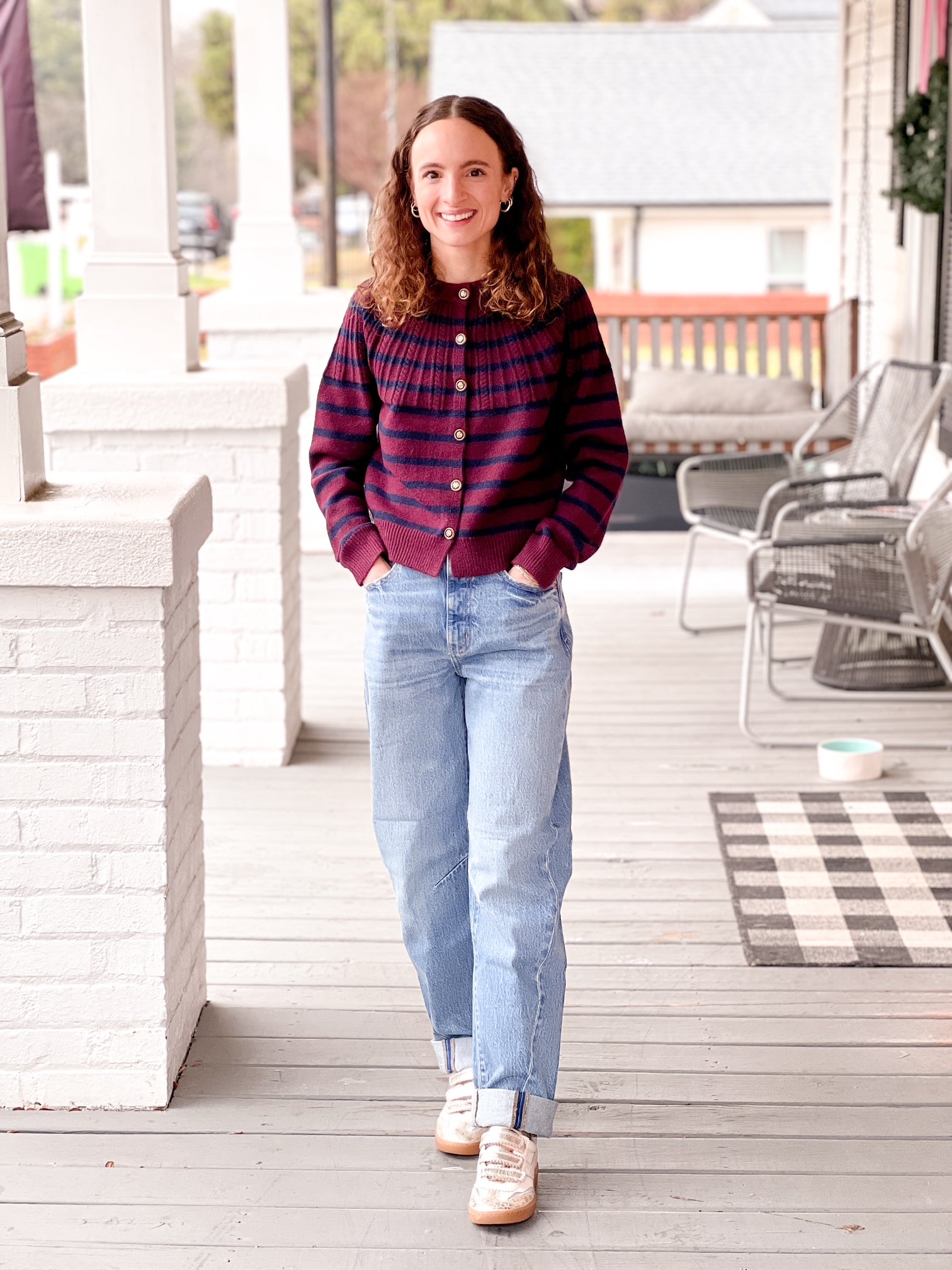 Navy/Burgundy Striped Cardigan with Novelty Buttons