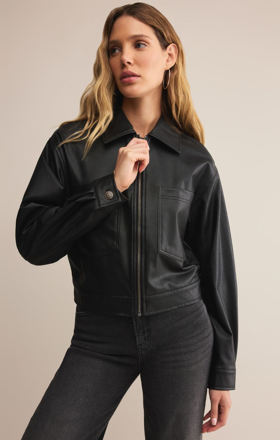 Black Faux Leather Zip Up Jacket